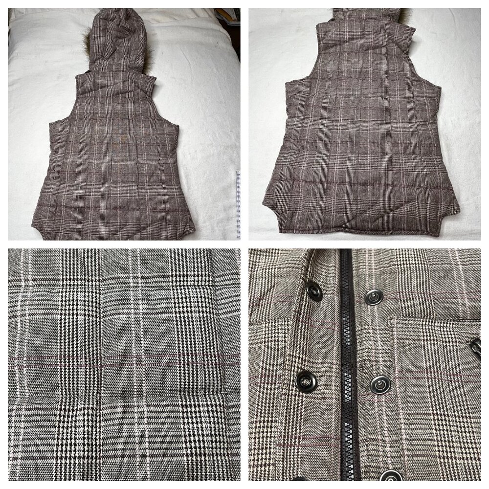 Charlotte Russe Plaid Puffer Vest Faux Fur Hood Brown S Snap Full Zip Pockets - Picture 15 of 16
